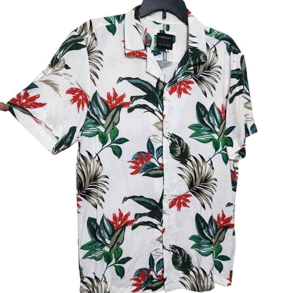 Denim And Flower Hawaiian Shirt Size Large White Short Sleeve